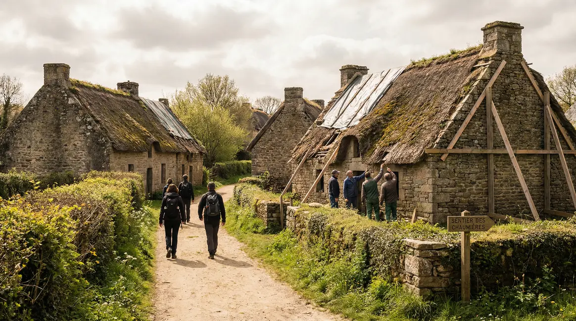 sentier rural breton chaumieres anciennes toits endommages printemps