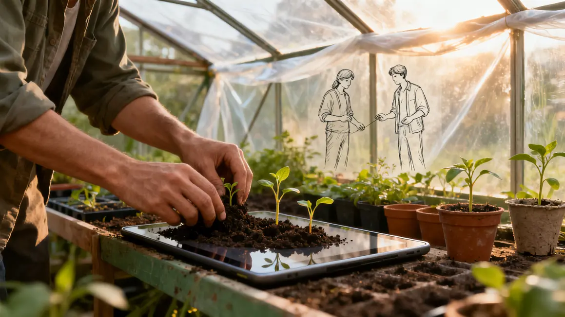 tablette serre mains terre plantes pousses matin