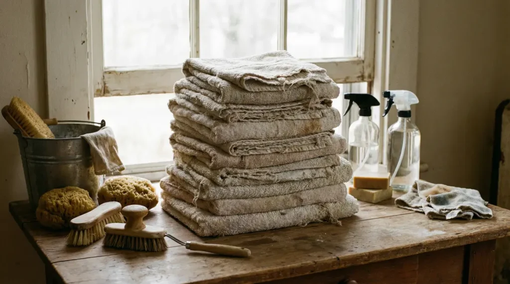 pile serviettes coton usées nettoyage domestique
