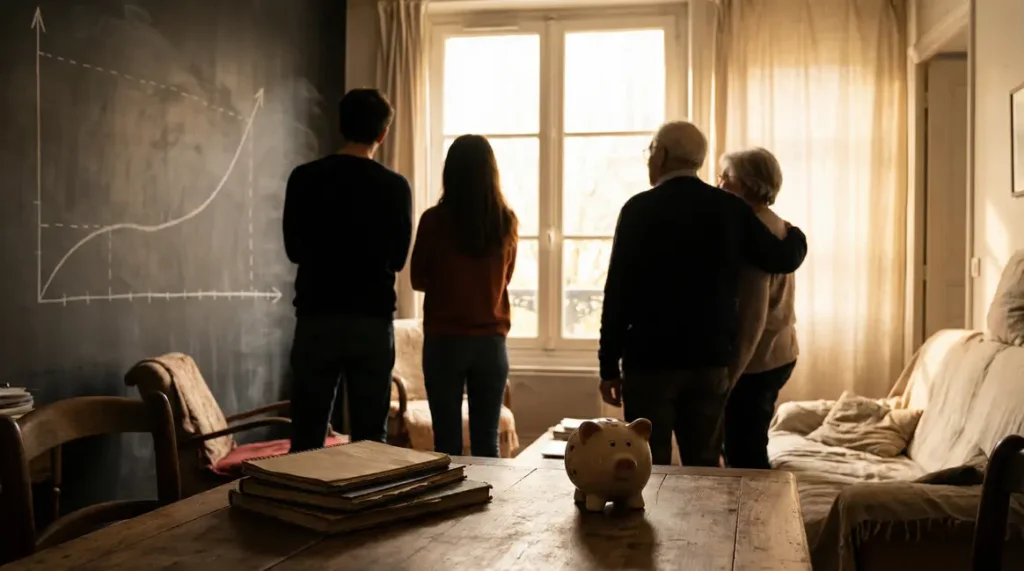 Silhouettes adultes seniors graphique tirelire peur retraite