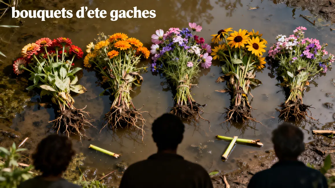 Six fleurs abîmées sol détrempé bouquets été gâchés