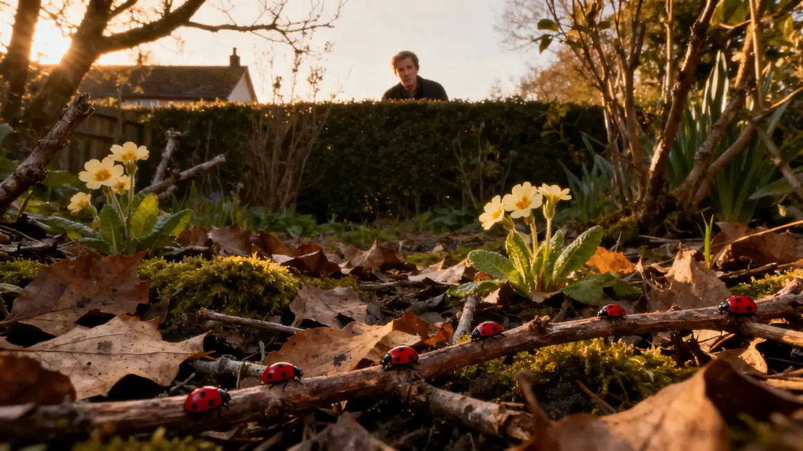 Sous-bois jardin feuilles mortes et coccinelles printemps