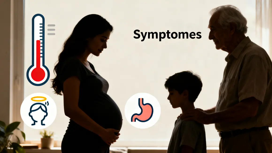 pictogrammes symptomes listériose silhouettes femme enceinte senior
