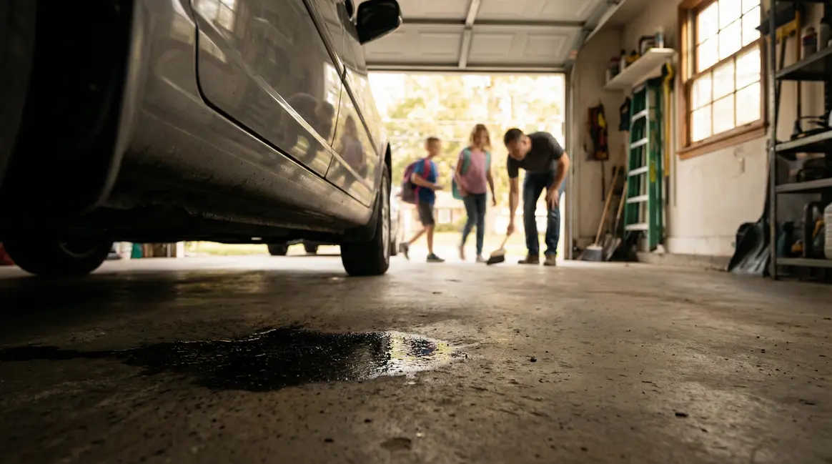 Sol garage beton tache huile sous voiture membres famille