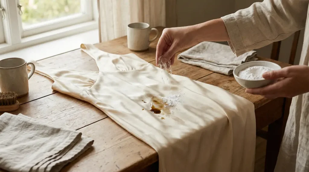 robe en soie avec tache huile et fécule de maïs