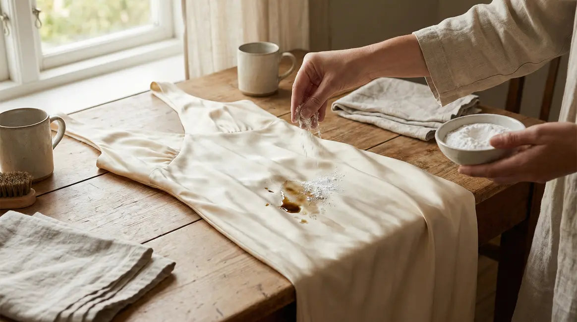 robe en soie avec tache huile et fécule de maïs