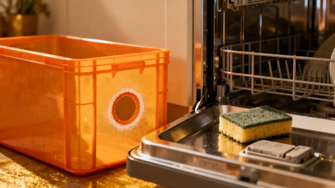 Détail tache orange pigment sauce tomate dans boite plastique