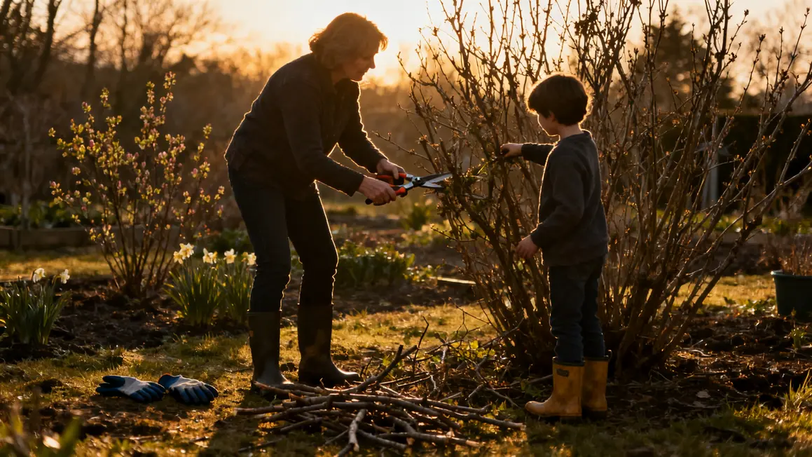 Tailler arbustes hiver, duo femme et enfant jardin