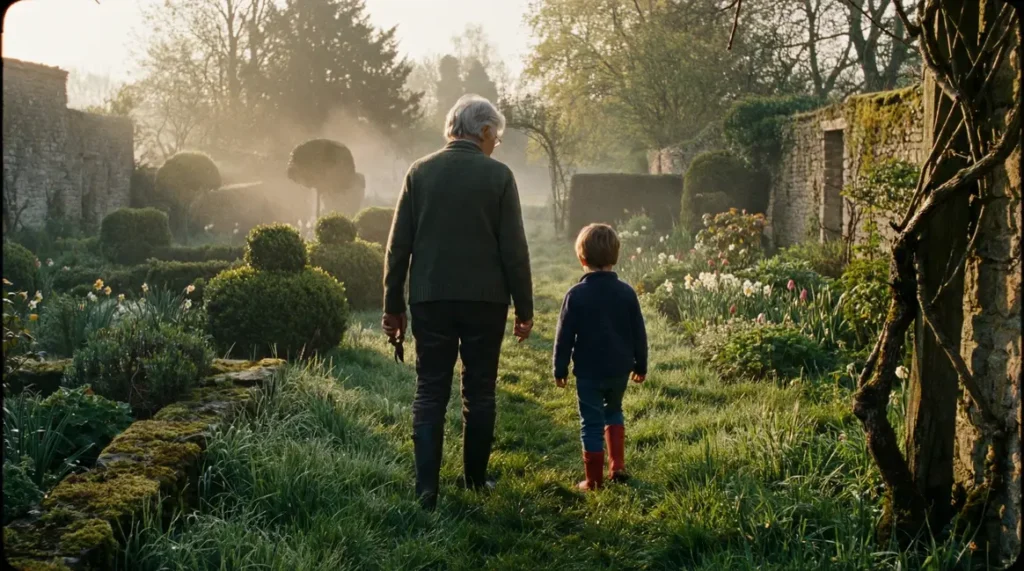 Jardin au matin, femme âgée et enfant bottes rouges, sécateur