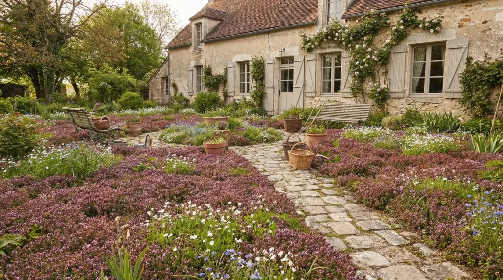 tapis de thym serpolet rouge dans un jardin francais