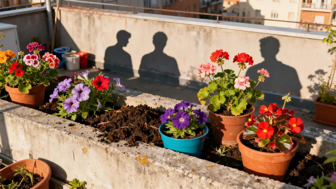 terrasse urbaine avec jardinières fleuries et couleurs vives