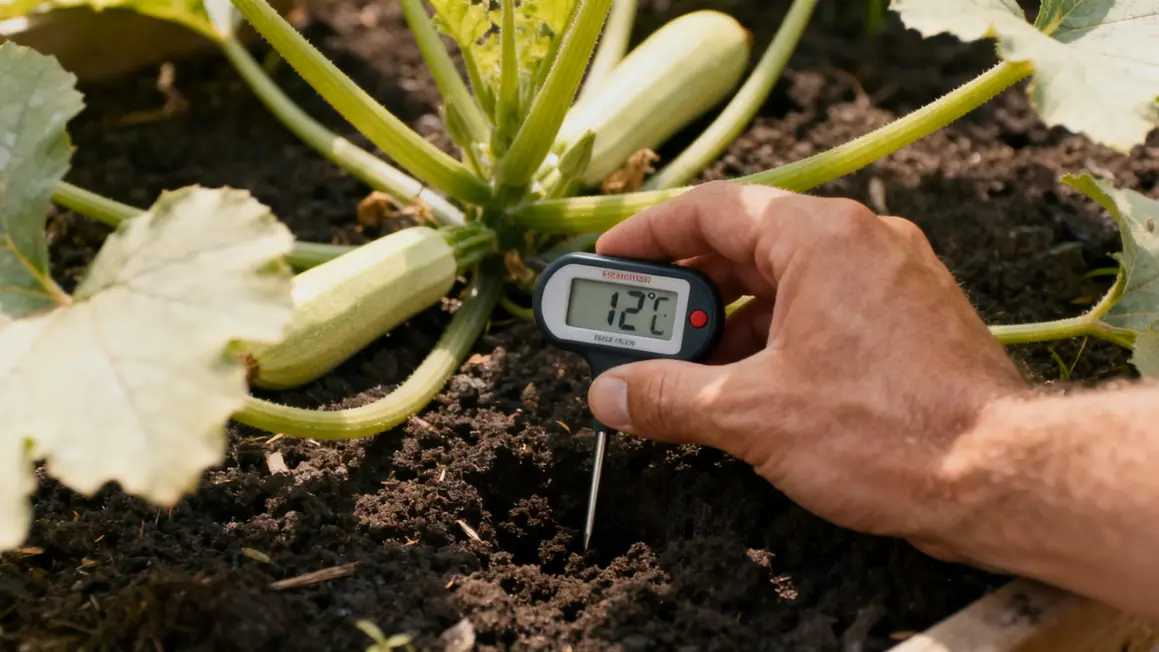 Main avec thermomètre sol courgette feuilles jaunes