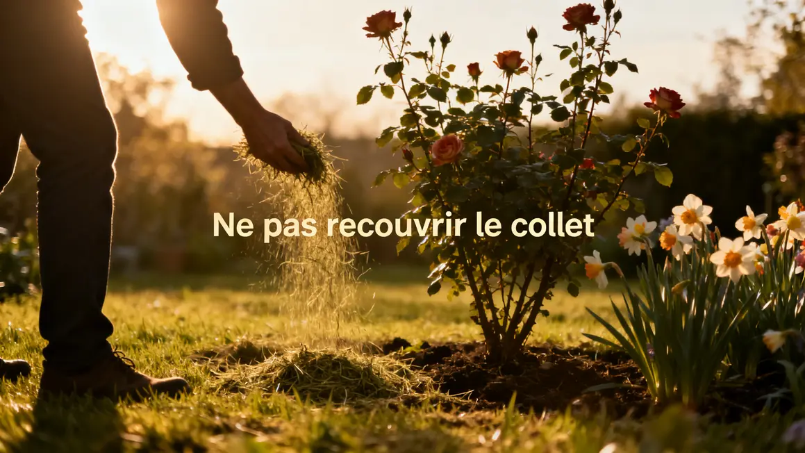 etaler tonte gazon paillage collet rosiers