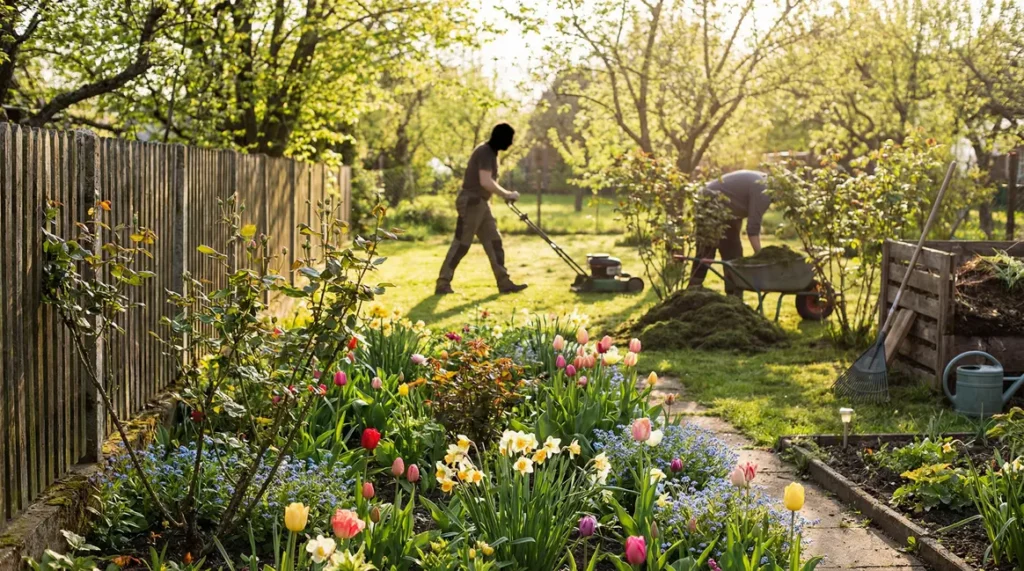 paillage tonte gazon jardin printemps massifs fleuris rosiers