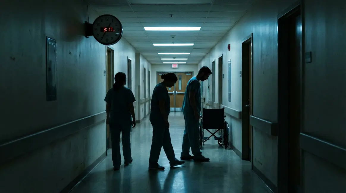 Couloir d'hôpital la nuit, infirmières fatiguées