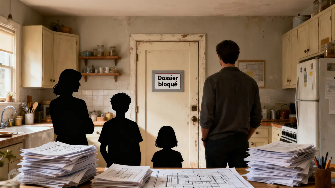 Cuisine aménagée chambre, famille face dossier bloqué