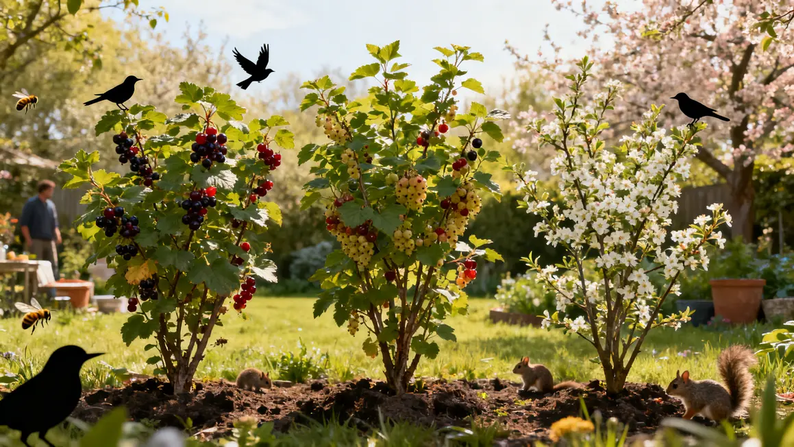 Cassis groseillier amelanchier avec oiseaux abeilles et fruits