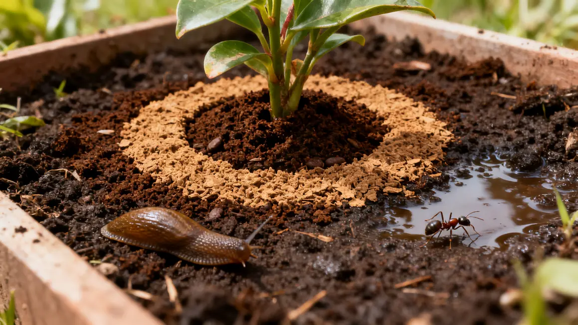 Marc de café cercle anti-limaces autour d'une plante