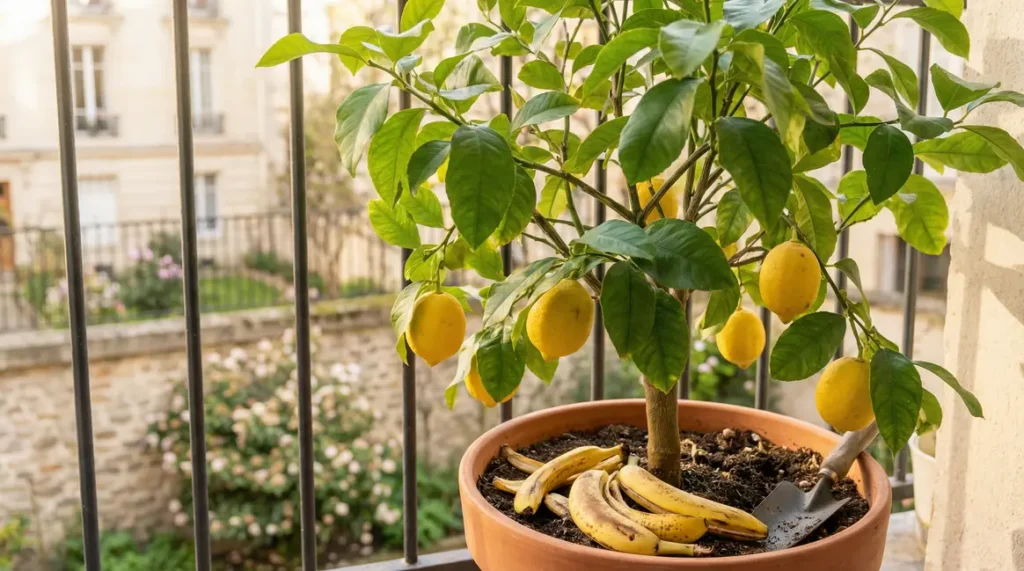 Citronnier en pot avec fruits mûrs et peaux de banane printanières