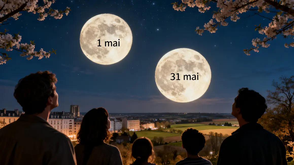 Deux pleines lunes mai 2026 ciel France silhouettes