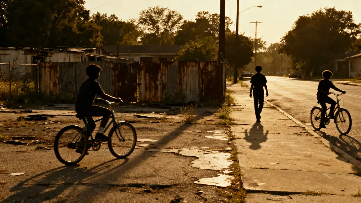 Groupe enfants à vélo rue terrain vague années 70