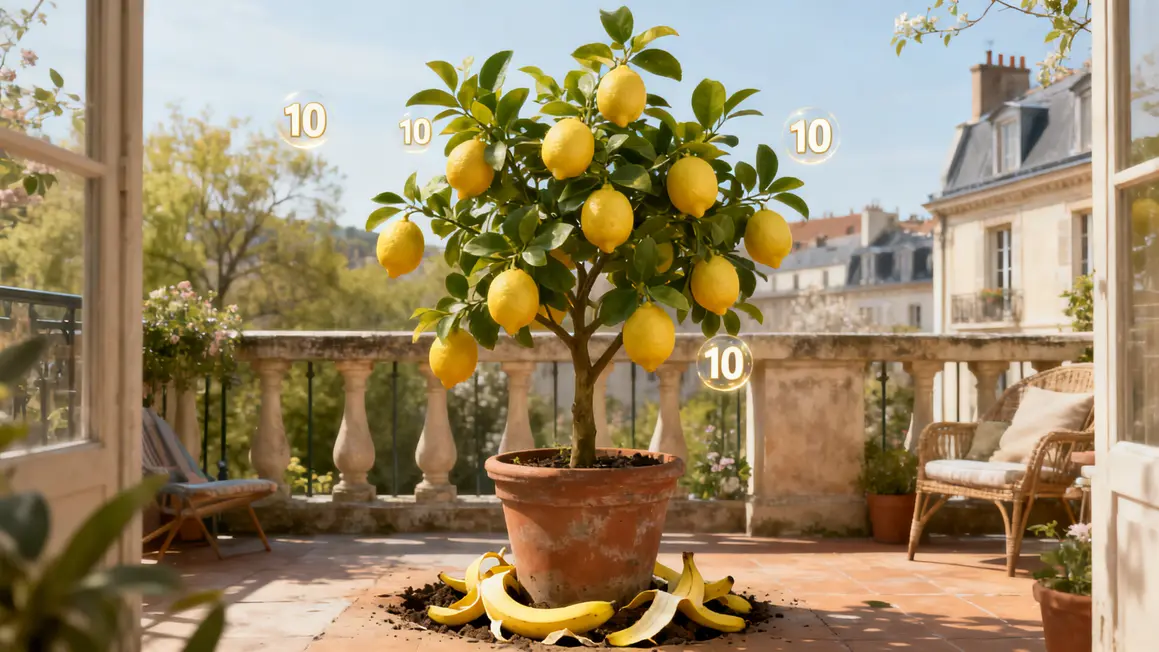 Citronnier en pot, peaux de banane enfouies et 10 fruits visibles
