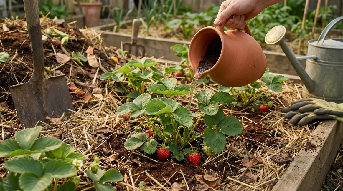 Main arrosant fraisiers avec marc de café, compost et paillage visible