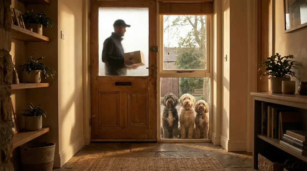 Livreur rencontre chiens devant porte