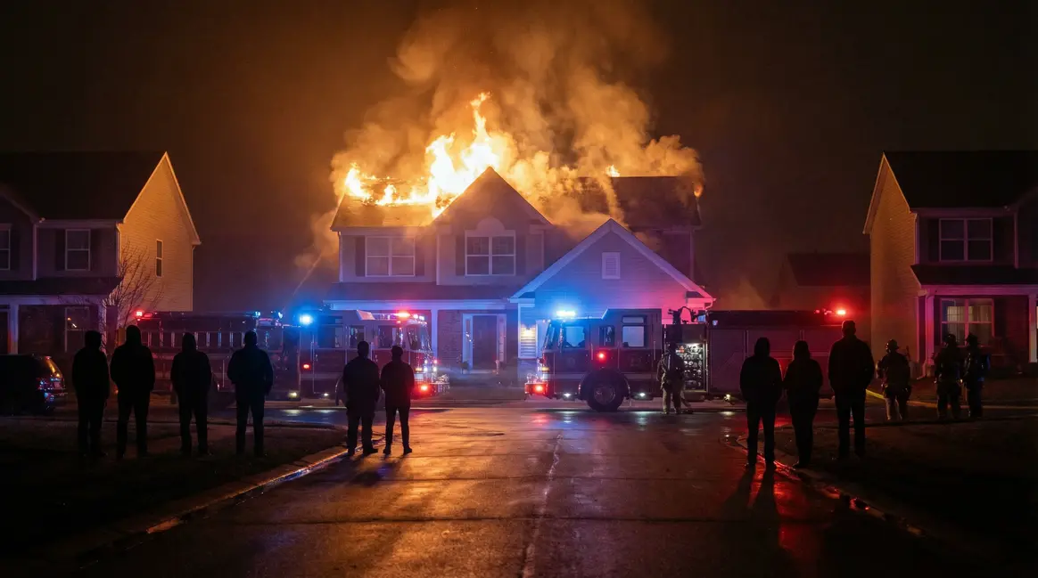 Maison de banlieue en feu avec pompiers, nuit