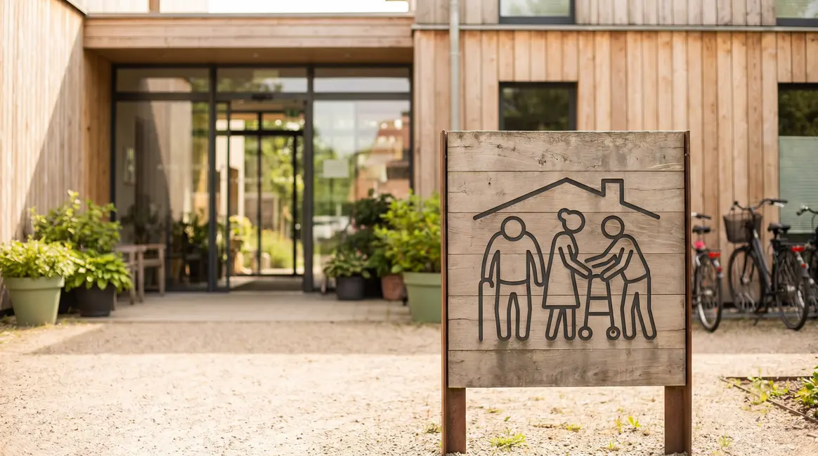 Panneau Maison France Autonomie devant un Ehpad moderne