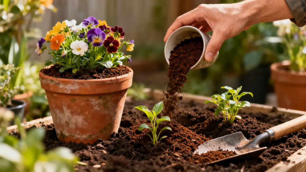 Main versant marc de café sur plante vigoureuse