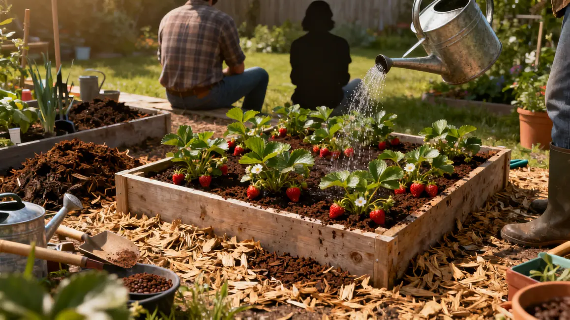 Bac de fraisiers, marc de café sec, compost, arrosoir en action
