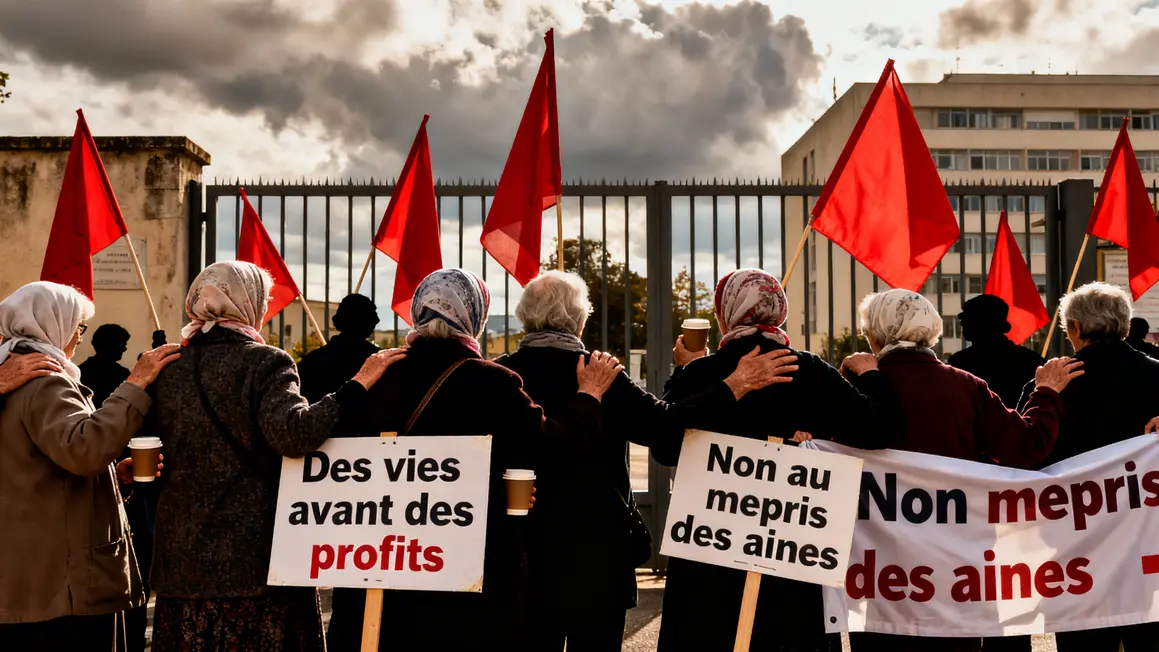 Groupe seniors CGT devant hôpital Jean Bouveri pancartes