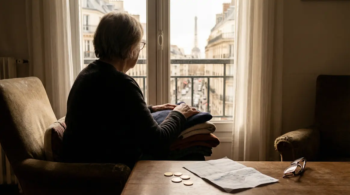 Femme senior retraitée assise Paris vêtements budget