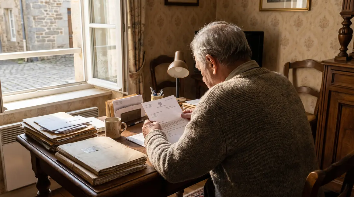 Un senior regarde un courrier officiel sur la demi part fiscale