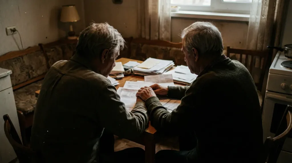Couple de seniors inquiets devant papiers gestion épargne retraite