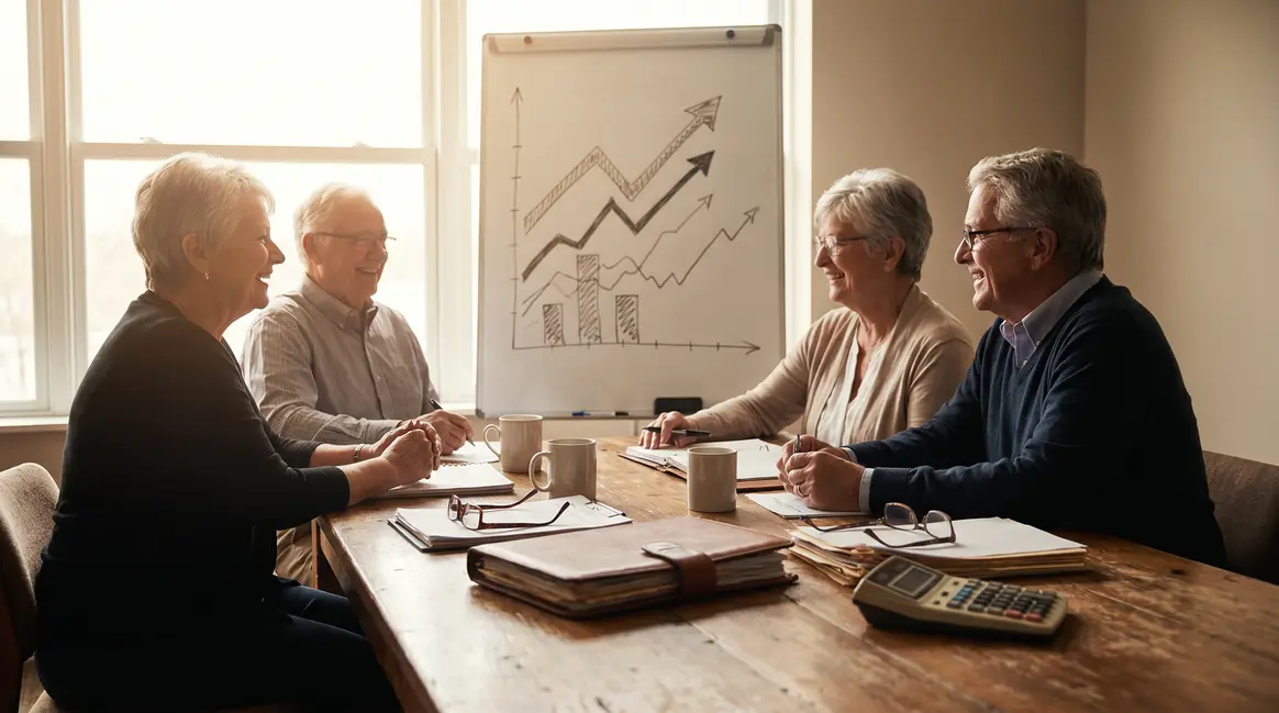 Groupe de seniors autour tableau financier pensions 2026