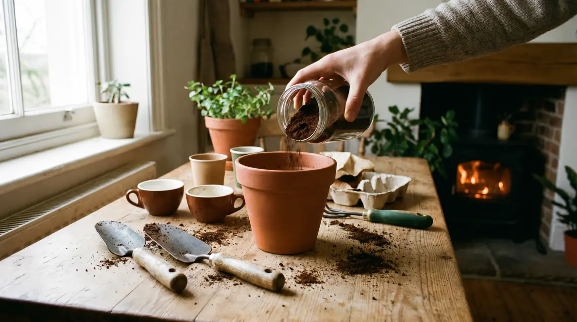 Verser du marc de café dans un pot de fleurs sur table de cuisine