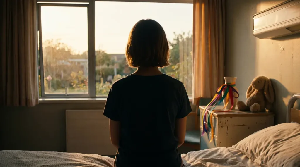 Adolescente cancer cerveau regardant fenêtre chambre hôpital