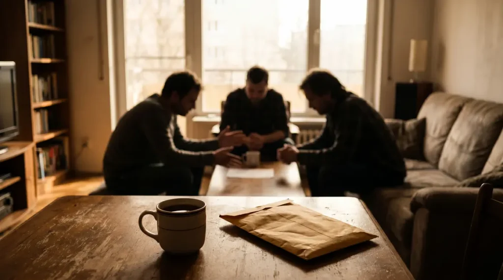 Scène de tension familiale autour d'une table dans un appartement lumineux