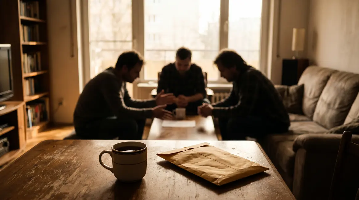 Scène de tension familiale autour d'une table dans un appartement lumineux