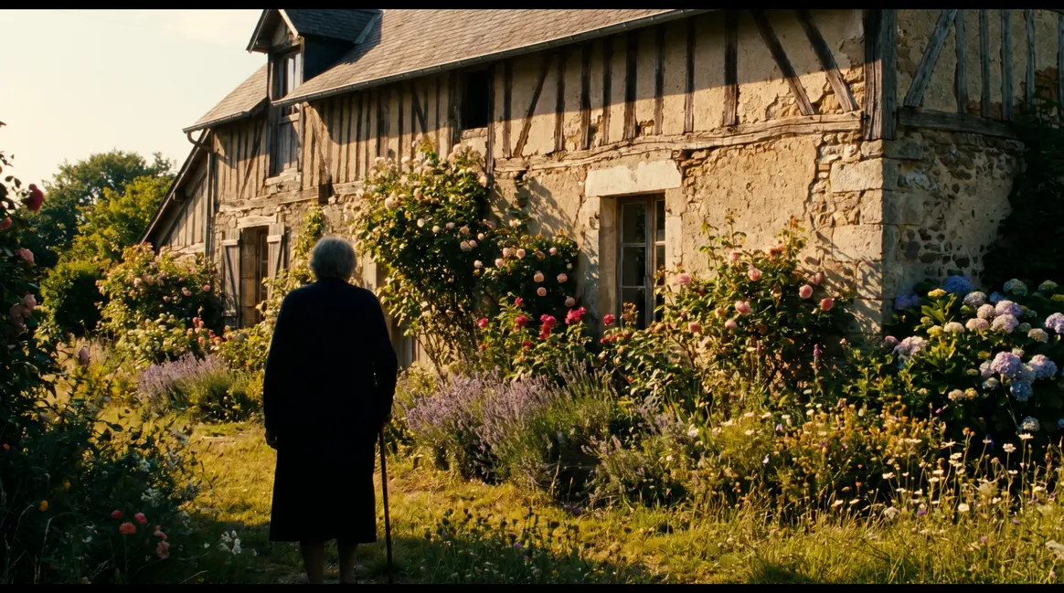 femme agee autonome devant sa maison avec jardin