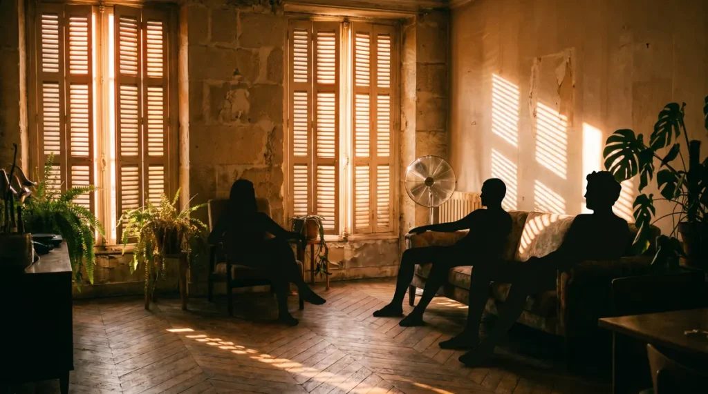 Intérieur sous canicule volets baissés et ventilateur