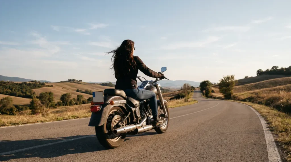 Femme sur moto Harley route, changement de vie a 50 ans