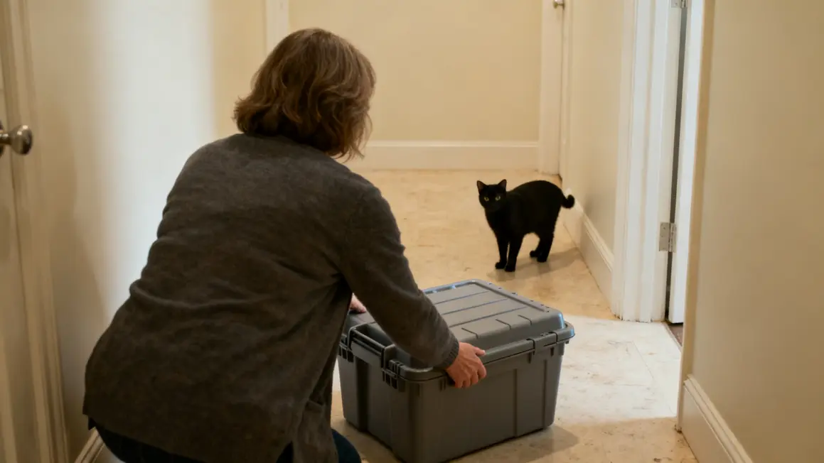 femme âgée dépose caisse chat noir accueil