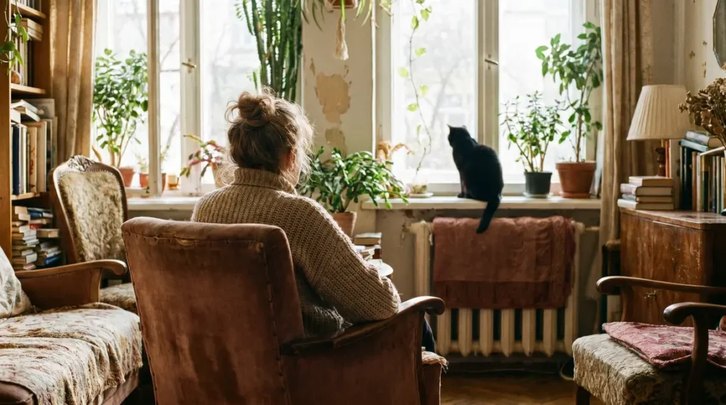 femme âgée et chat noir dans appartement lumineux