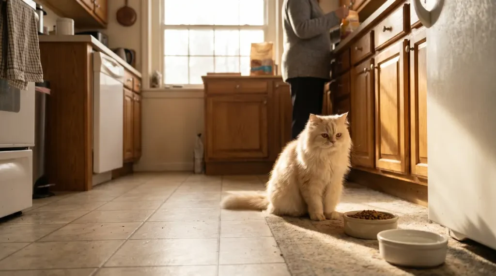 Chat persan creme sur carrelage, cuisine lumineuse matin