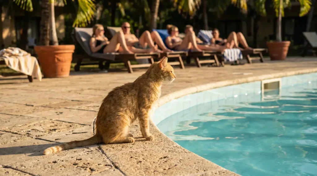 Chat roux maigre cherche aide au bord de piscine d’hôtel
