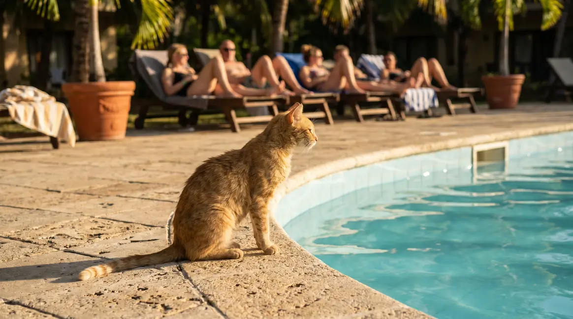 Chat roux maigre cherche aide au bord de piscine d’hôtel