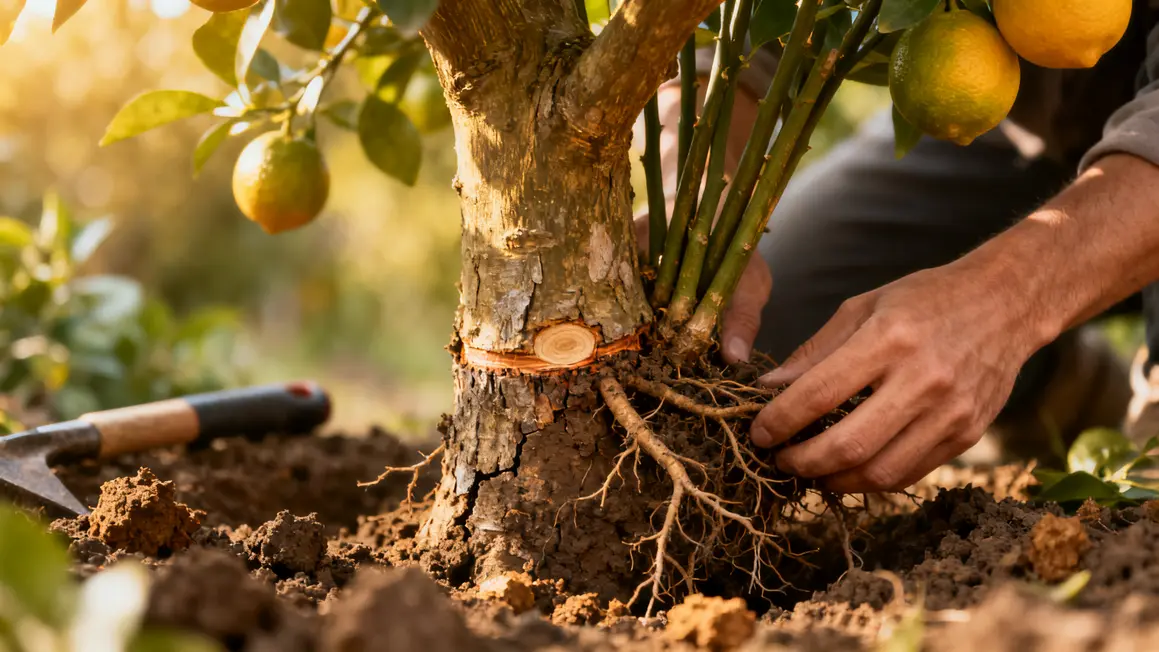 point de greffe visible sous base d'un citronnier mains jardinage